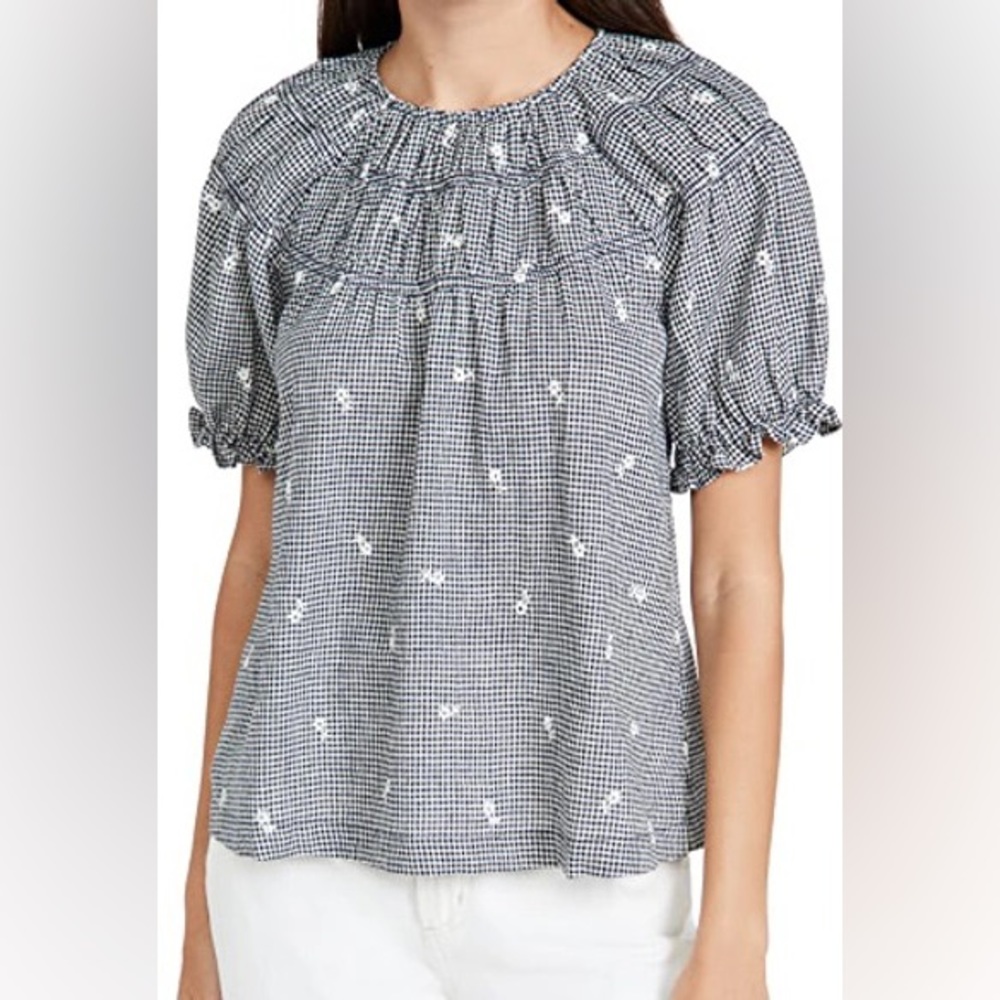 Madewell Floral Embroidered Gingham Shirred Puff Sleeve Top